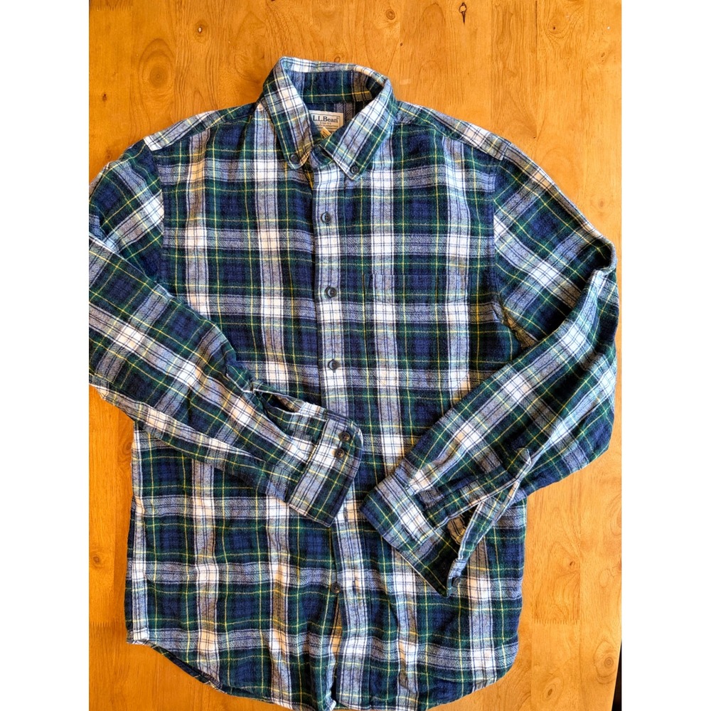 LL Bean Mens Slightly Fitted Flannel Shirt Blue Green Plaid Cotton S-REG 598